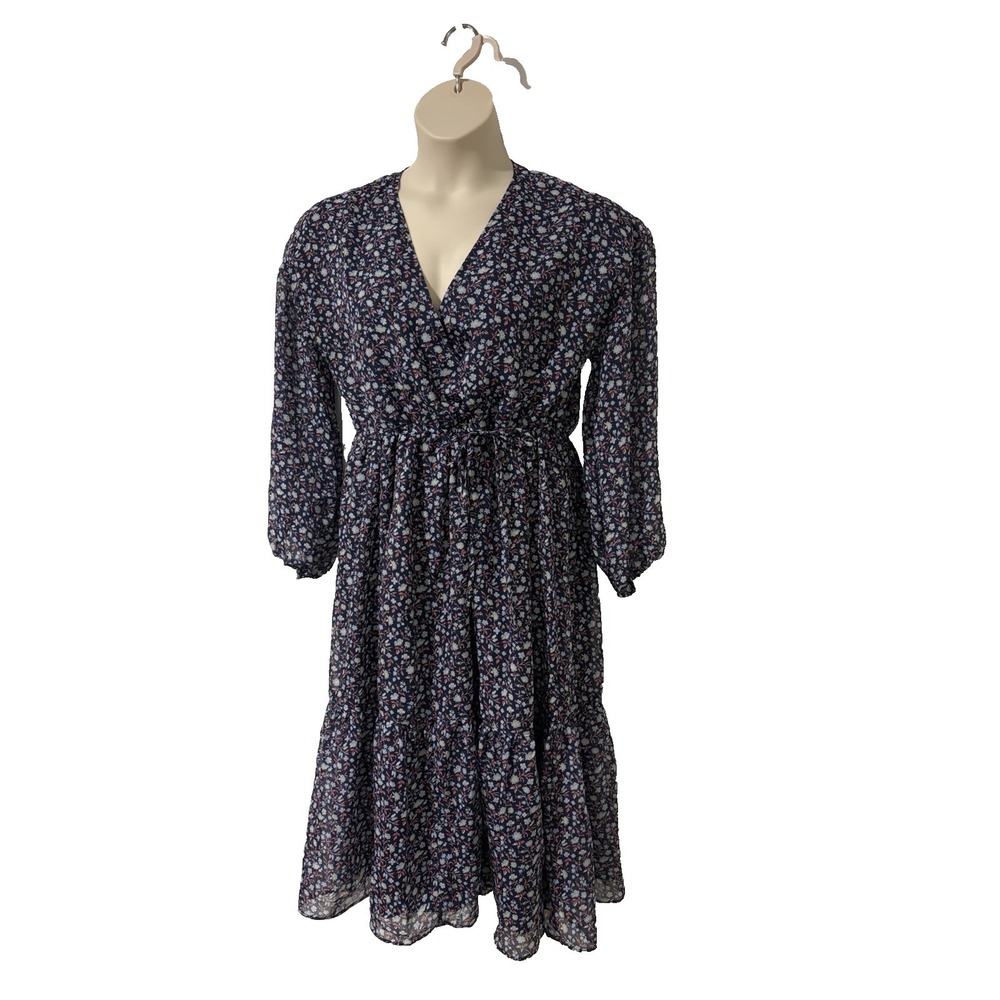 Madewell Cinch-Waist Tiered Midi Dress ~Sz L~Navy Floral Chiffon Peasant V‎ Neck